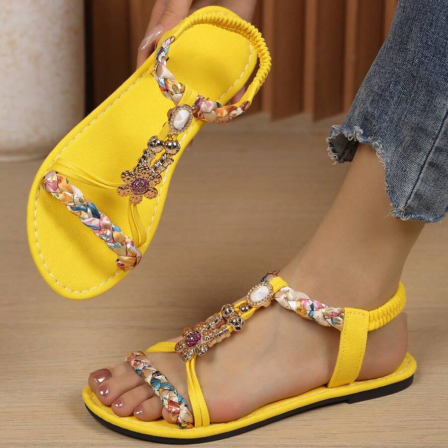1 Pair Women's Rhinestone Round Decor Sandals, Navy Blue Suede Elastic Ankle Strap Flat Shoes, Beach Summer Solid Color PU Leather Rhinestone Beach - Yellow - View 1