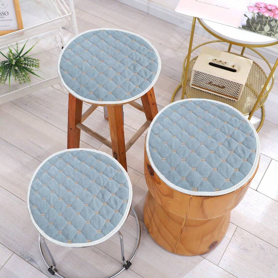 Home Round Stool Cover, Quilted Thickened Diamond Pattern Small Dining Table Seat Cushion, Round Seat Pad, Makeup Chair Cushion With Elastic Band For All Seasons - Dusty Blue - View 1