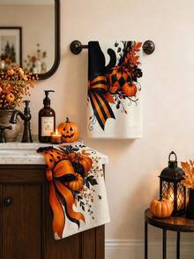 2PCS Halloween Kitchen Dish Towel, Black Cat With Pumpkin & Stripe Bow Print Hand Towel, Fall Autumn Spooky Decor Towel For Kitchen Bathroom Halloween Home Party Decoration - A - View 2