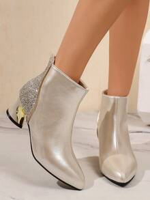 Champagne French Pointed Toe Autumn/Winter Single Boot Glitter Patchwork Back Zipper Elegant Versatile Ankle Boots For Women - Champagne - View 4