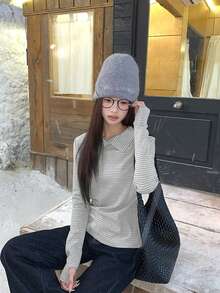 韓式條紋高領長袖女款 T-shirt 冬季保暖層次穿搭彈性修身內搭底層 - 淺灰色 - 查看 2