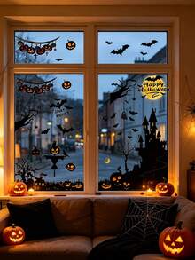 New Halloween Black Castle, Bat, Pumpkin Window Glass Static Cling Stickers Scene Decor, Halloween Party, Store Window Decoration - Sticker - View 5