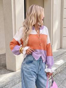 Cardigan Wanita Vintage Bergaris Leher Bulat Lengan Panjang, Manset Berkerut, Detail Kancing, Potongan Pendek, Sempurna untuk Pakaian Musim Gugur/Musim Dingin. Musim Gugur - MultiWarna - View 7