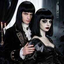 Black Straight Bob Wig With Bangs, Heat‑Resistant Synthetic Hair Wig, Gothic Halloween Cosplay Party Short Short Shoulder Length Wigs For Men Women - Black - View 4
