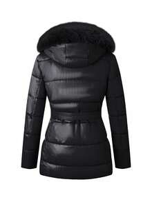 Women's Autumn/Winter Faux Leather Down Jacket, Faux Fur Collar, Teacher Style, Adjustable Waist, Fashionable Commute And Layering Choice - Black - View 3