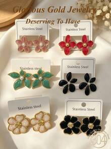 6/3 Pairs Premium Stainless Steel Earrings, Including Various Colors Of Flowers. Diverse Styles, Low-Allergenic Earring Set, Versatile And Elegant, Stainless Steel Earrings Suitable For Women's Daily Wear, Best Gift Choice For Women Friends On Christmas/Halloween And Other Holidays. - Oil Dripping Kit - View 2