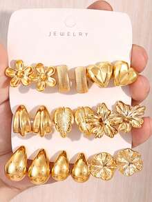 3/9 Pairs Gold Stud Earrings Set, European And American Vacation Style Party Jewelry, Flattering Face-Slimming Elegant Design, Photo-Ready Accessory, Best Friend Matching Gift - Gold - View 9