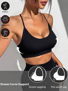 Sujetador deportivo de mujer de color liso sin costuras con espalda cruzada, sujetador de yoga cómodo y transpirable con almohadillas extraíbles - Negro - Ver 2
