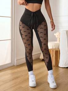 New Plus Size Women's Patchwork Mesh Yoga Leggings, Drawstring Waist Design, Tummy Control Butt Lifting High Elastic Tight Pants, Suitable For Yoga, Outdoor Sports, Daily Wear - Black - View 3