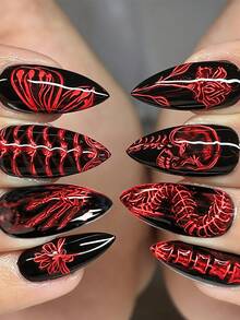 Show Your Beauty 24pcs Almond Shape Halloween Y2K Design Horror Skull Hand Bone Flower Butterfly Gradient Burgundy Striped French Glossy Shiny Skin-Brightening Fake Nails Gothic Style Press-On Nails Suitable For Dates Parties Spring Summer Women And Girls Autumn Winter Daily Wear Removable Press-On Nail Set Includes Jelly Glue And Nail File Easy To Wear And Durable Jelly Glue Randomly Shipped - Burgundy - View 1