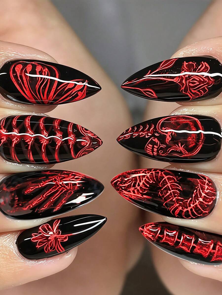 Show Your Beauty 24pcs Almond Shape Halloween Y2K Design Horror Skull Hand Bone Flower Butterfly Gradient Burgundy Striped French Glossy Shiny Skin-Brightening Fake Nails Gothic Style Press-On Nails Suitable For Dates Parties Spring Summer Women And Girls Autumn Winter Daily Wear Removable Press-On Nail Set Includes Jelly Glue And Nail File Easy To Wear And Durable Jelly Glue Randomly Shipped - Burgundy - View 1