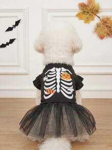 LUCKIE PAW 1pc Halloween Pumpkin Skull Pattern Flutter Sleeve Cute Princess Style Tulle Dress Suitable For Chihuahua Small Dogs Wedding Season Pet Clothes Applicable For Cats And Dogs Indoor And Outdoor - Multicolor - View 4