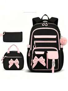 3pcs Contrast Bow Backpack Set With Pom Pom Charm, Multi-Pocket Large Capacity, Suitable For School, Travel And Daily Use - Multicolor - View 3