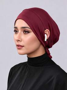 1pc Hijab Cap, Solid Color Silk Cotton Modal With Elastic Drawstring, Adjustable Tie, Upgraded Ear-Exposed Headscarf Inner Lining For Middle Eastern Arab Women, Suitable For Daily Wear - Coffee Brown - View 6