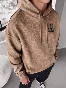 Men's Rose Print Back Washed Distressed Hoodie - Brown - View 2