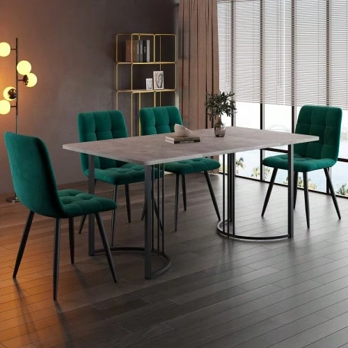 Dining Set (5-Piece), Dining Table With 4 Chairs Set, Modern Kitchen Table Set, 140*80cm Kitchen Table With Black Metal Legs, MDF Tabletop In Grey, Dark Green Velvet Dining Chairs - 灰色 - 查看 1