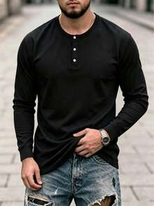 Men's Black Long Sleeve T-Shirt, Fitness Sports Style Base Layer - Black - View 1