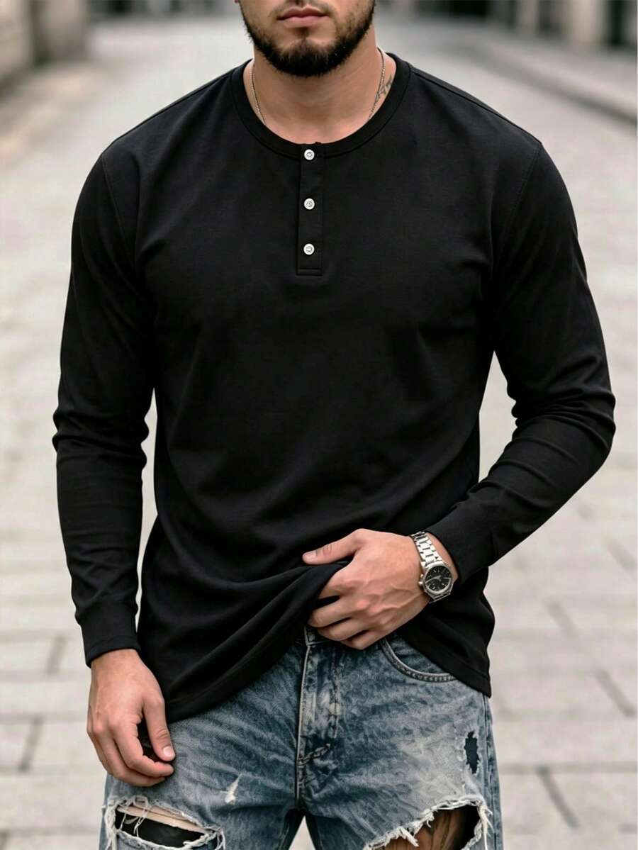 Men's Black Long Sleeve T-Shirt, Fitness Sports Style Base Layer - Black - View 1