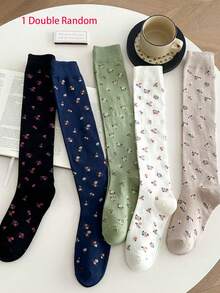 5 pares de calcetines largos de mujer con estampado floral de otoño, suaves, antibacterianos y transpirables, adecuados para uso diario, casual, deportes y regalos - Multicolor - Ver 9