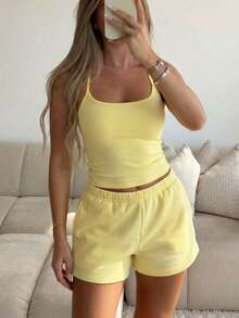 Unadoll Women's Summer/Autumn Basic 2 Pieces Set, Spaghetti Strap Tank Top And Drawstring Shorts, Elegant - Yellow - View 7