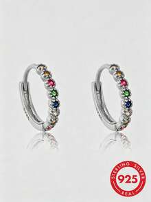 HuooNew 1 Pair S925 Sterling Silver Colorful Zirconia Ear Cuffs, Rainbow Rhinestone Round Hoop, Small Lightweight Luxury Versatile Women's Silver Earrings - Silver - View 1