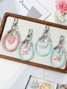 1pc Sweet Fresh Strawberry Bow Leopard Print Flower Elastic Rope Keychain Bag Pendant - Multicolor - View 1