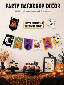 Custom Halloween Banner Set, Spooky Personalized Family Name Party Backdrop, Pumpkin Ghost Bunting, Customized Name Wall Decor, Customizable Garland For Home Party, Fall Holiday Gift, Halloween Decorations, Garden, Living Room, Family And Friends - Style a - View 2