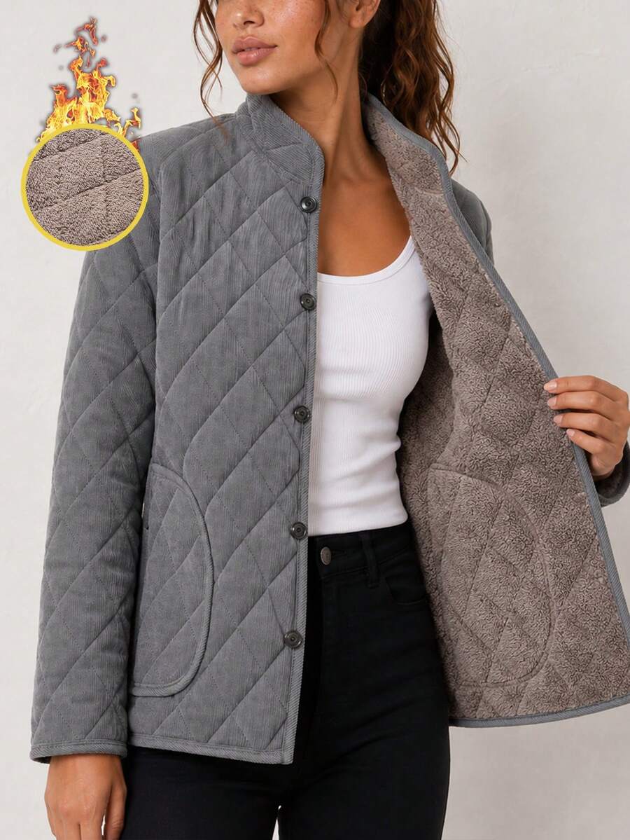 Women's Gray Diamond Quilted Jacket, Stand Collar Button Front Coat With Patch Pockets And Soft Fleece Lining, Casual Daily Wear - Grey - View 1