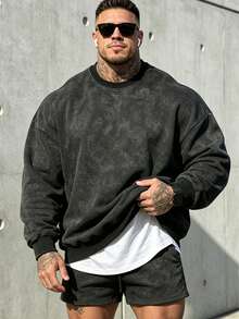 Men's Solid Color Drop Shoulder Long Sleeve Drawstring Pocket Casual Sweatshirt, Autumn/Winter, Back To School Season - Black - View 4