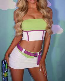 Women's Fun Halloween 2 Piece Outfit Color Block Contrast Design Strapless Tube Crop Top Mini Skirt With Decor Belt Fitted Stretch For Cosplay Party - Mint Green - View 6