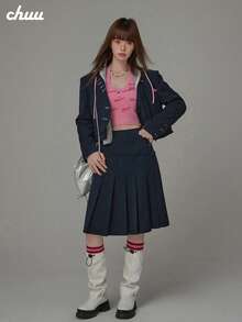 CHUU Women's Autumn Embroidered Letter Zipper A-Line Pleated Skirt With Multiple Buttons - Navy Blue - View 2
