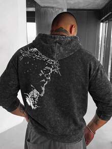 Men's Artistic Portrait Line Art Print Washed Distressed Hoodie - Black - View 1