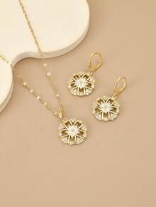 1pc Fashion Sparkling Rhinestone Flower Round Stainless Steel Women's Necklace, 1 Pair Fashion Sparkling Rhinestone Flower Round Stainless Steel Women's Earrings, Gold Necklace, Gold Earrings, Stainless Steel Jewelry, Gold Jewelry, Summer, Beach, Vacation Jewelry, Charm, Pride, Western Jewelry, Gift For Women, Gift, Birthday Gift - Yellow Gold - View 4