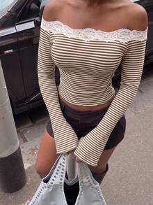 Women's Casual Open Shoulder Lace Patchwork Striped Slim Fit Long Sleeve Base Layer T-Shirt For Autumn Daily Commute - Brown - View 1