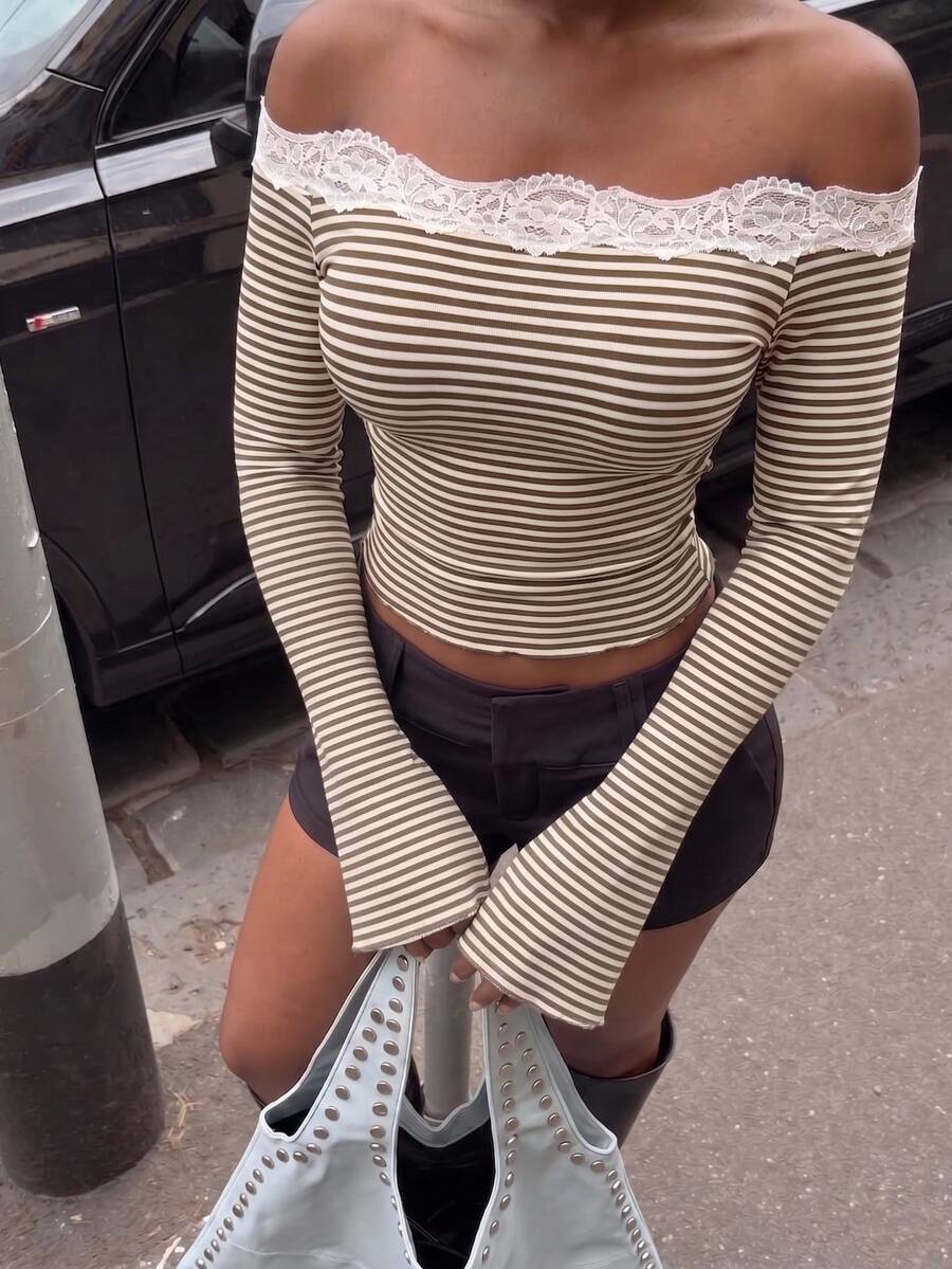 Women's Casual Open Shoulder Lace Patchwork Striped Slim Fit Long Sleeve Base Layer T-Shirt For Autumn Daily Commute - Brown - View 1