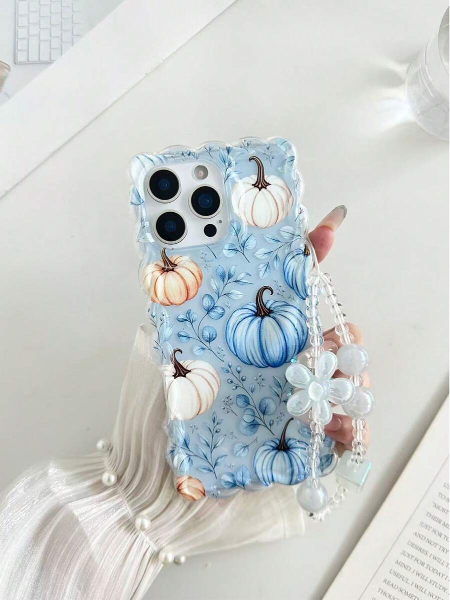 Pumpkin Painted Twisted Wavy Edge Transparent Phone Case With Attached Bracelet, Flat Print, Anti-Drop, Fashionable Cute, Suitable For IPhone 17/17 Pro/17 Pro Max/16/16 Pro/16 Pro Max/16 Plus/14/15/P14/P13/P12/P11, Thickened Soft Full Coverage Creative Phone Case - Multicolor - View 1