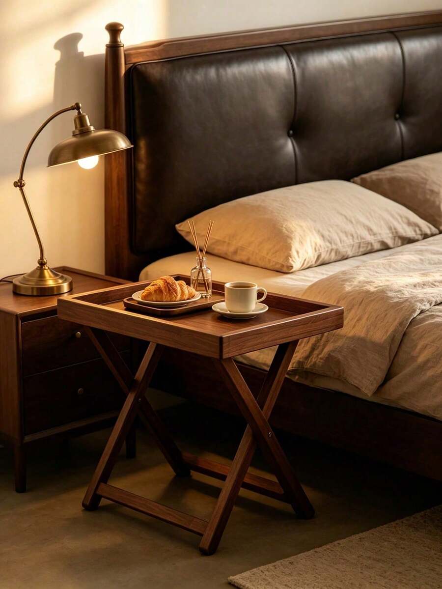 Foldable Bamboo Sofa Side Table, X-Leg Portable Side Table With Detachable Snack Tray Desktop, Space-Saving Folding Coffee Table, Suitable For Small Spaces, Can Hold Drinks, Snacks And Laptop, Practical Home Decor, Suitable For Living Room, Bedroom, Balcony And Bedside Use - Multicolor - View 1