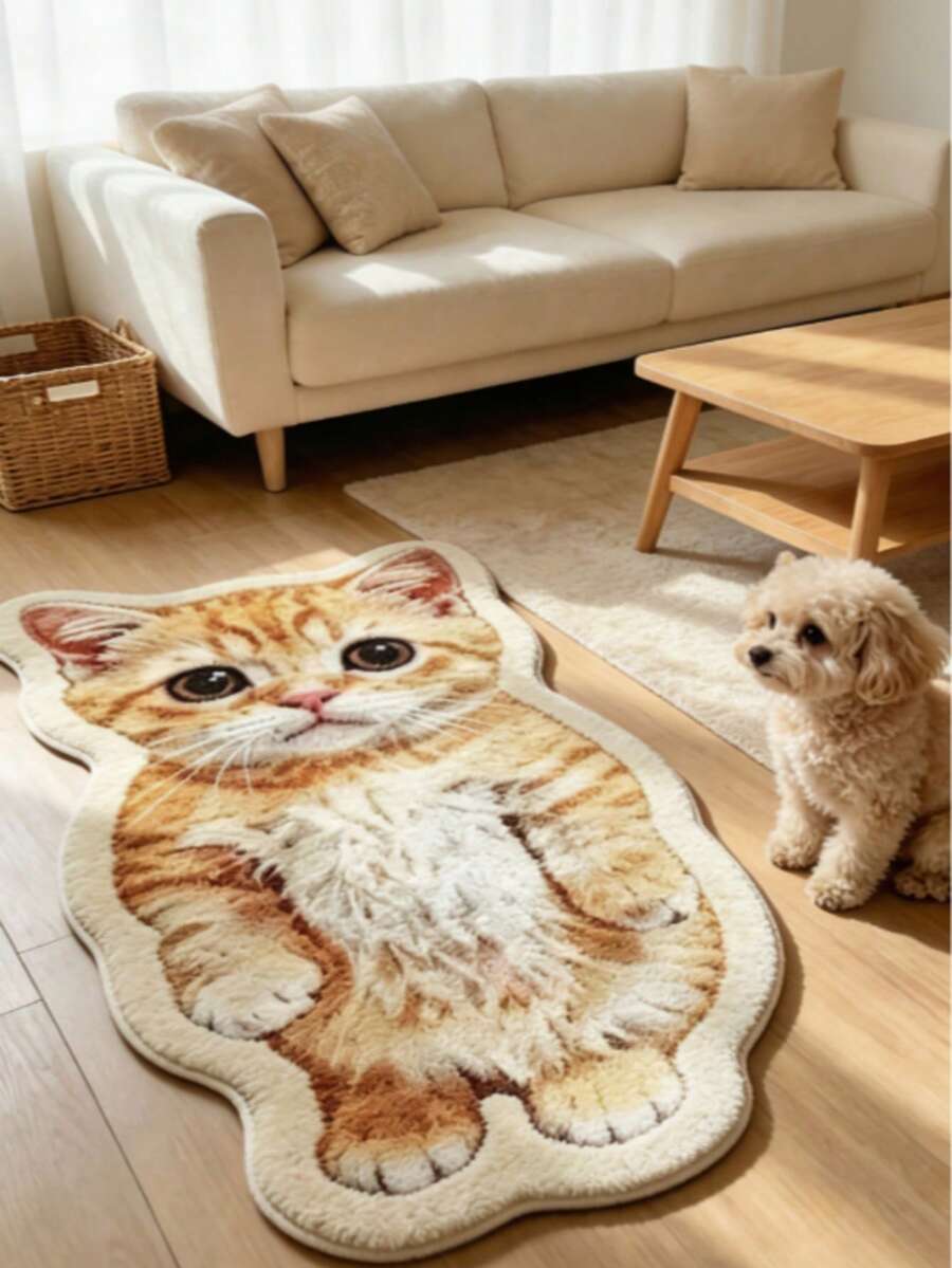 1pc Orange Cat Shaped Plush Rug, Faux Wool, Thickened Carpet, Thick Carpet, Furry Carpet, Autumn/Winter Carpet, Decorative Carpet, Bedroom Decor, Small Rug, Carpet, Home Decor, Living Room Carpet, Small Living Room Rug, Bedroom Carpet, Living Room Home Decor, Outdoor Rug, Washable Carpet - Multicolor - View 1