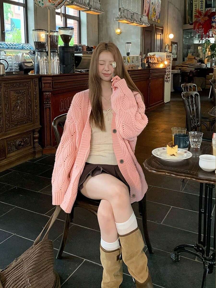 Korean Style Cozy Knit Cardigan For Women, Early Autumn Outfit, Pink Slouchy Loose Sweater Jacket
