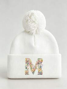 1pc Baby Beanies Boy Girls White Pom-Pom Cap With A-Z Letter Colorful Floral Hat For Boys And Girls Ages 0-8Y, For Hat Accessories Winter Warm Hat - Multicolor - View 41