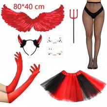 1/3/5/6/8件組女性紅色惡魔萬聖節服裝套裝，包含髮箍、手套、裙子、臉部貼紙，適合派對 Cosplay - 紅色 - 查看 4