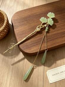 1pc Light Green Ginkgo Jade Slice Tassel Hair Stick, Women's Gentle Draping Chain Hair Pin For Vacation And Daily Updo - Multicolor - View 1