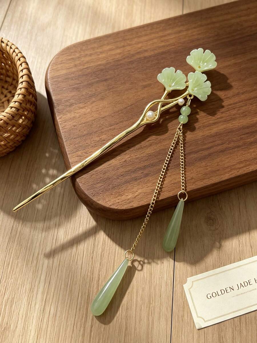 1pc Light Green Ginkgo Jade Slice Tassel Hair Stick, Women's Gentle Draping Chain Hair Pin For Vacation And Daily Updo - Multicolor - View 1