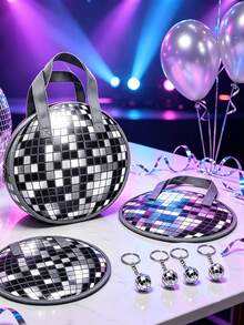Disco Ball Design Tote Storage Bag, Retro 70s Theme Party Handbag, Silver Mirror Ball Pattern Round Handle Portable Bag, Reusable Portable Storage Bag, Suitable For Nightclub, Birthday, Bachelorette Party Decoration - Multicolor - View 5