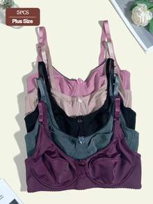 5pcs Solid Color Casual Comfortable Minimalist Side-Support Knit Fabric Bow Women's Plus Size Bra - Multicolor - View 1