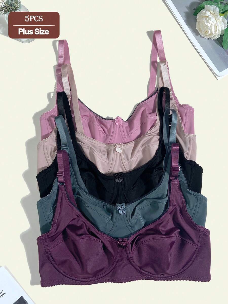 5pcs Solid Color Casual Comfortable Minimalist Side-Support Knit Fabric Bow Women's Plus Size Bra - Multicolor - View 1