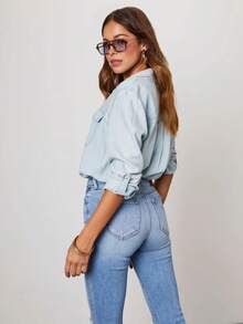 Women's Collared Denim Button Down Shirt Chest Patch Pockets Roll Tab Long Sleeve Loose Fit Casual Blouse Street Shopping Vacation Daily Basic Top - Light Blue - View 5