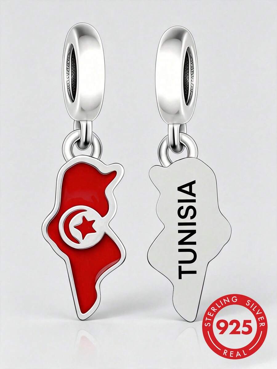 HuooNew 1件 S925 純銀突尼西亞地圖吊墜，紅色樹脂星月符號附 TUNISIA 刻字，DIY 手鍊珠飾吊墜 - 銀色 - 查看 1