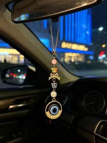 Rhinestone Evil Eye Car Rearview Mirror Hanging Ornament, Turkish Evil Eye Full Rhinestone Car Pendant, Pink Crystal Bead Bowknot Chain Rearview Mirror Decorative Hanging Accessory - Demon - View 6