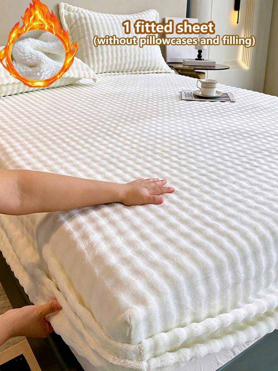 1pc Autumn/Winter Bubble Fleece Thickened Single Fitted Sheet, Instant Warmth Plush Mattress Protector, Wrinkle-Resistant, Easy Removal, Machine Washable, Multiple Sizes, Bedroom Guest Room Home Decor Bed Cover - Bubble Elegant White - View 1